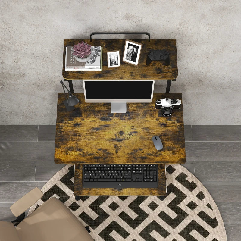 32" Mobile Computer Table, Rolling Study Desk for Home Office with Keyboard Tray, Storage Shelves, Wheels, Rustic Brown
