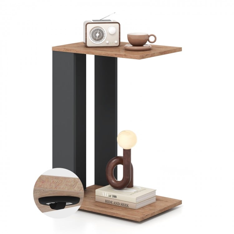 2-Tier C-Shaped Side Table with Universal Wheels and Shelf-Rustic Brown
