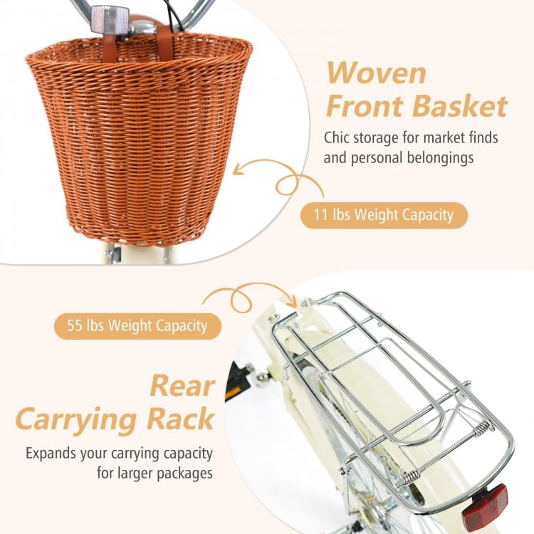 26 Inch Beach Cruiser Bike for Women with Woven Basket and Rear Rack - Beige
