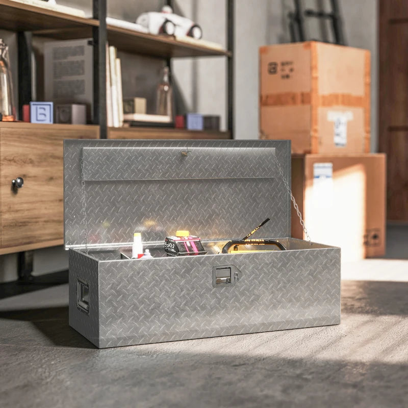 30 Inch Truck Bed Tool Box, Heavy Duty Aluminum Diamond Plate Trailer Tongue Box with Side Handle and Locks Keys