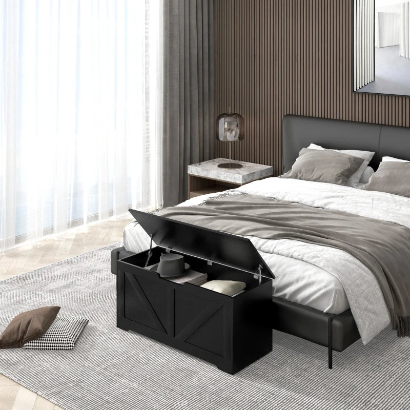 39.4 Inches Storage Chest, Storage Trunk with 2 Safety Hinges for Living Room, Black Wood Grain