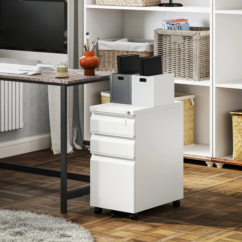 3 Drawer Filing Cabinet with Lock, Steel Office Storage Cabinet with Hanging Bar for A4, Legal, Letter Files, White