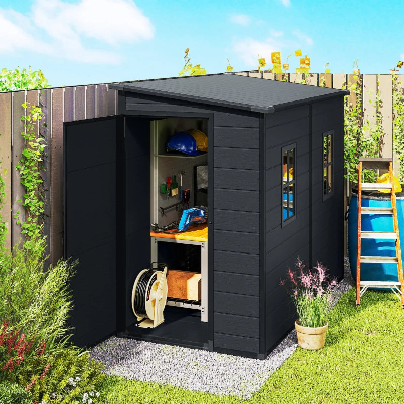 4.3' x 8' Outdoor Storage Shed with Floor, Garden Shed with Lockable Doors and Windows, Dark Grey