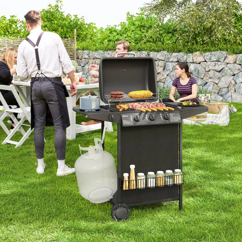 3+1 Burner Propane Gas BBQ Grill, Portable Gas Barbecue Grill with Side Burner, Thermometer, Lid, Side Table, Shelf, Spice Rack, Wheels, Grease Cup for Garden, Black