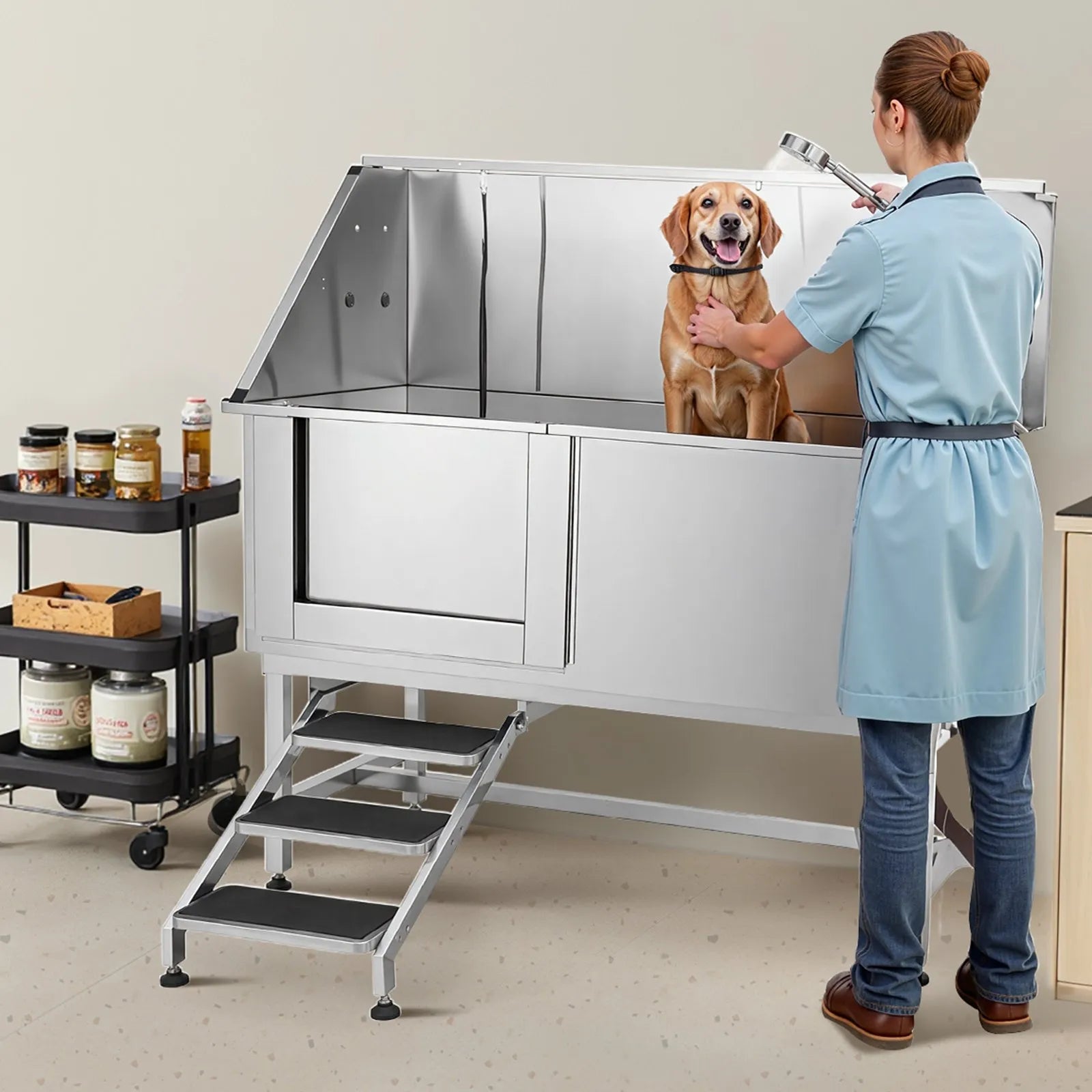 VEVOR 62 Inch Dog Grooming Bath Tub Stainless Steel w Stairs Water Filter Left