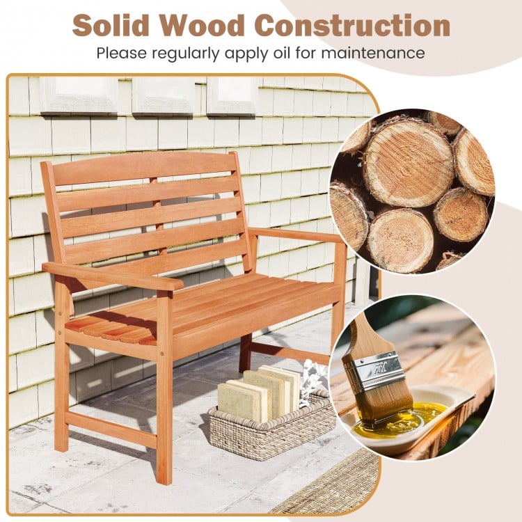 2-Person Wooden Garden Bench with Slatted Backrest and Comfortable Armrests