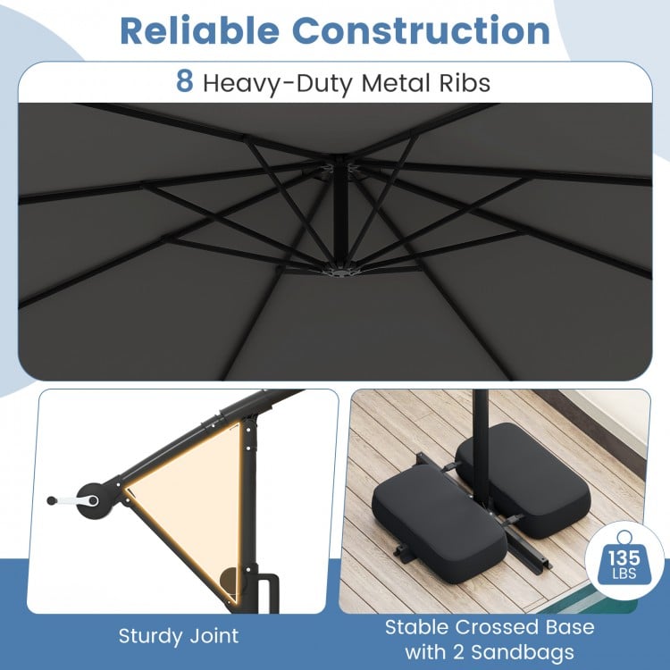 10 Feet Solar Offset Hanging Umbrella with Base and LED Lights-Gray