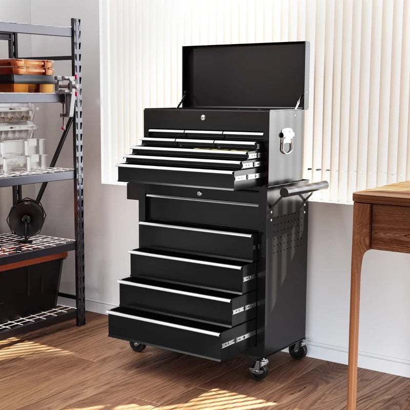 14 Drawer Rolling Tool Chest, Lockable Tool Storage Cabinet with Detachable Top Toolbox, Protective Liner, Black