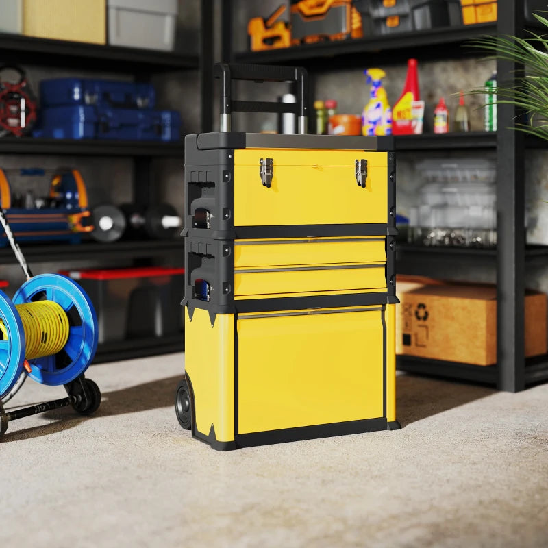 3-in-1 Tool Box with Wheels, Stackable, Modular Steel Toolbox with Tray, Handles, Latches for Workshop, Garage, Yellow