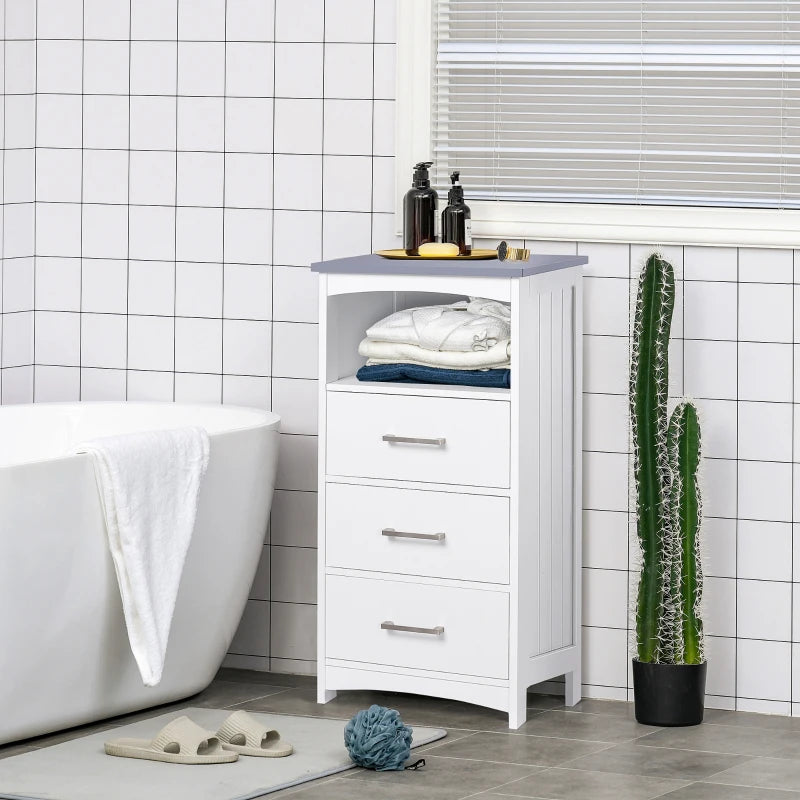 Small Bathroom Storage Cabinet, Floor Cabinet with 3 Drawers and Open Component, Narrow Bathroom Cabinet, White