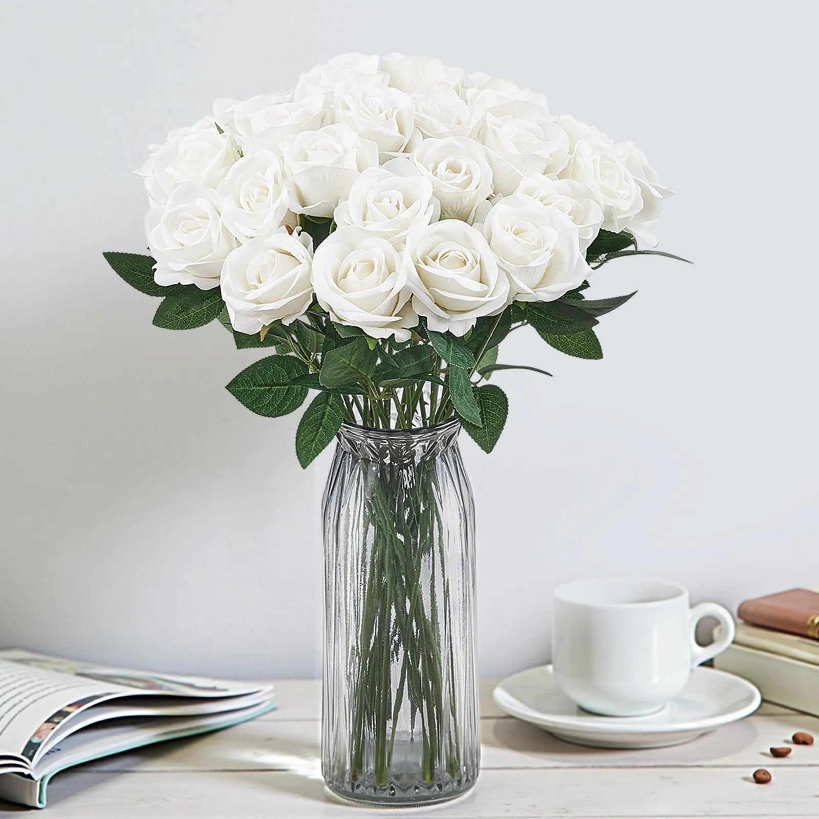 VEVOR 60 Pcs White Rose Artificial Flowers Realistic Bouquet for Xmas Home Decor