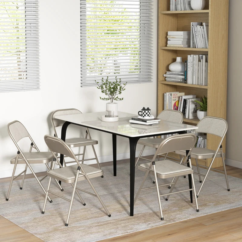 Set of 6 Metal Foldable Chairs, Linen Fabric Padded Folding Chairs with Cushion Seat and Open Back for Indoor, Beige