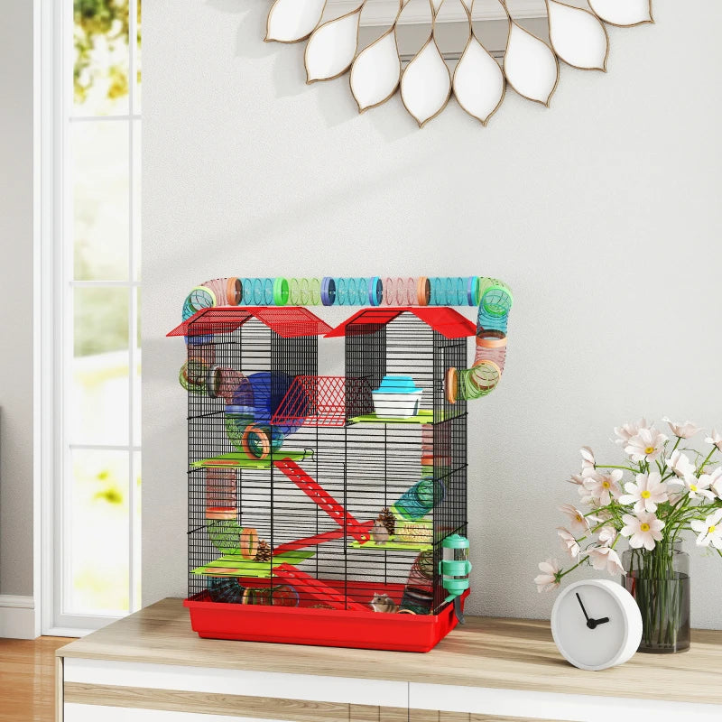 18.5" Hamster Cage, 5 Tiers Small Animal House with Tunnel Tube System, Exercise Wheel, Water Bottle, Red