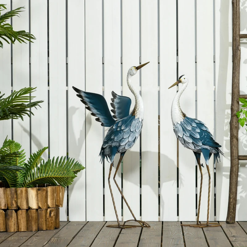 Set of 2 Garden Sculptures, Heron Garden Statues for Lawn, Patio, Backyard Decoration, 29" & 27.5", Blue