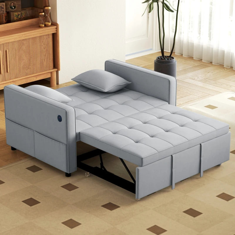3‑in‑1 Convertible Sofa Bed, Pull Out Sleeper Sofa with USB Charging, Adjustable Backrest, Side Pockets, Light Grey