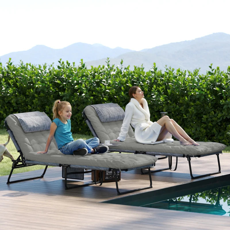 2-Piece Folding Lounge Chairs with Adjustable Backrest, Tanning Chair with Cushion, Side Pocket, Headrest, Grey