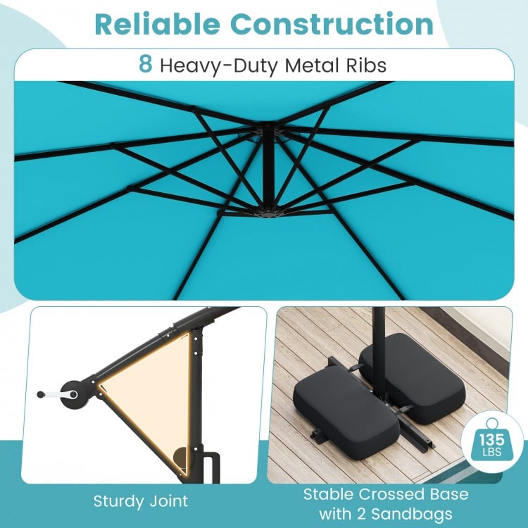 10 Feet Solar Offset Hanging Umbrella with Base and LED Lights-Turquoise