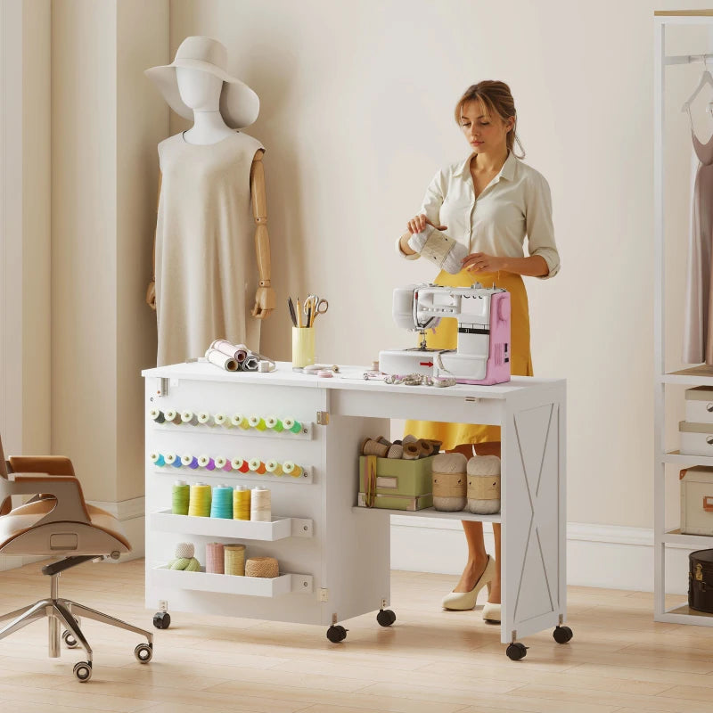 Sewing Machine Table on Wheels, Folding Craft Table with 2 Bins, Storage Shelf, 18 Pegs, Lockable Wheels, White