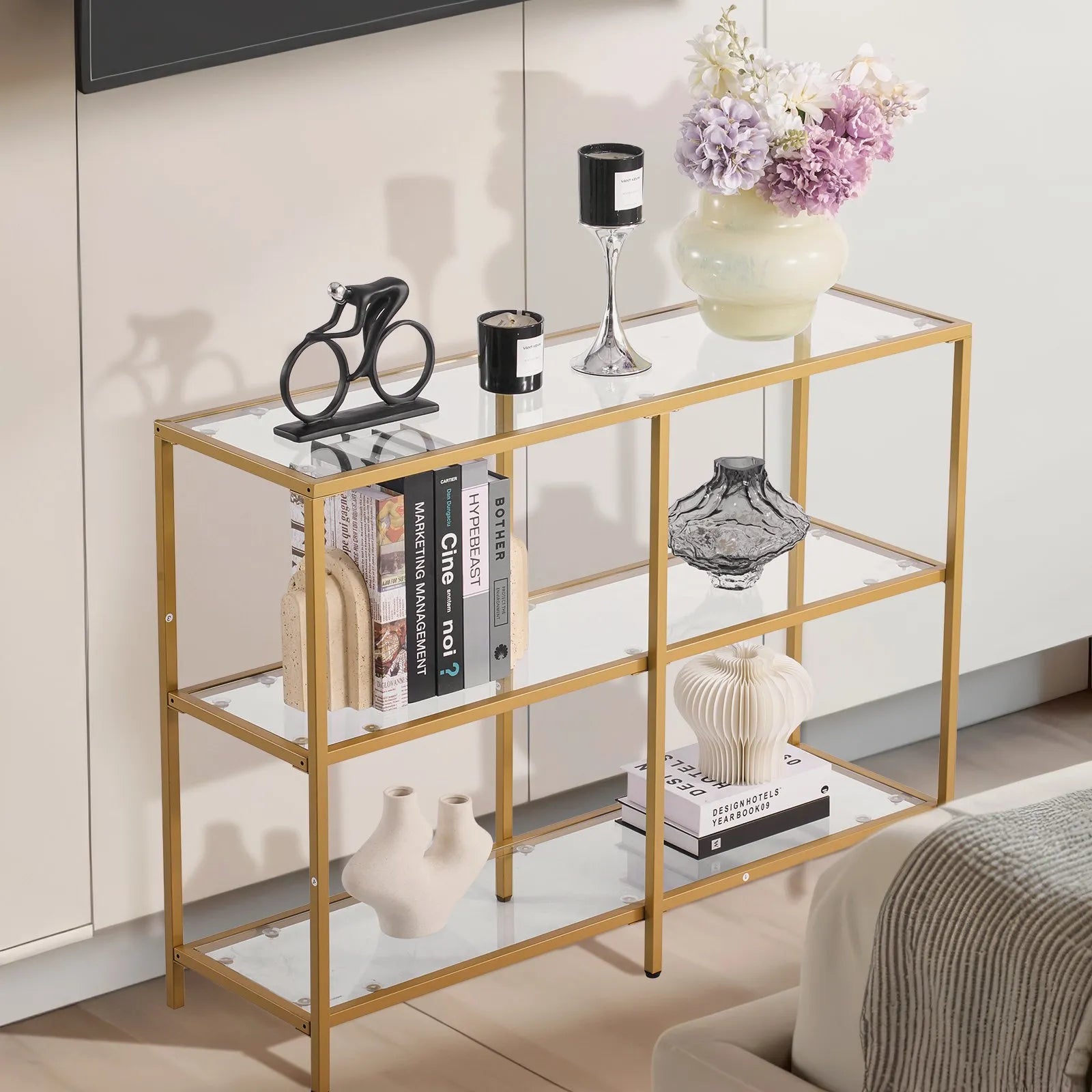 VEVOR 3-Tier Glass Console Table Rectangle Sofa Side Table with Anti-Tip Golden