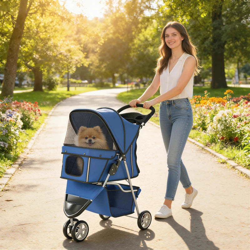 3 Wheels Foldable Dog Stroller with Storage Basket, Adjustable Canopy, Cupholder for Miniature and Small Dogs, Blue