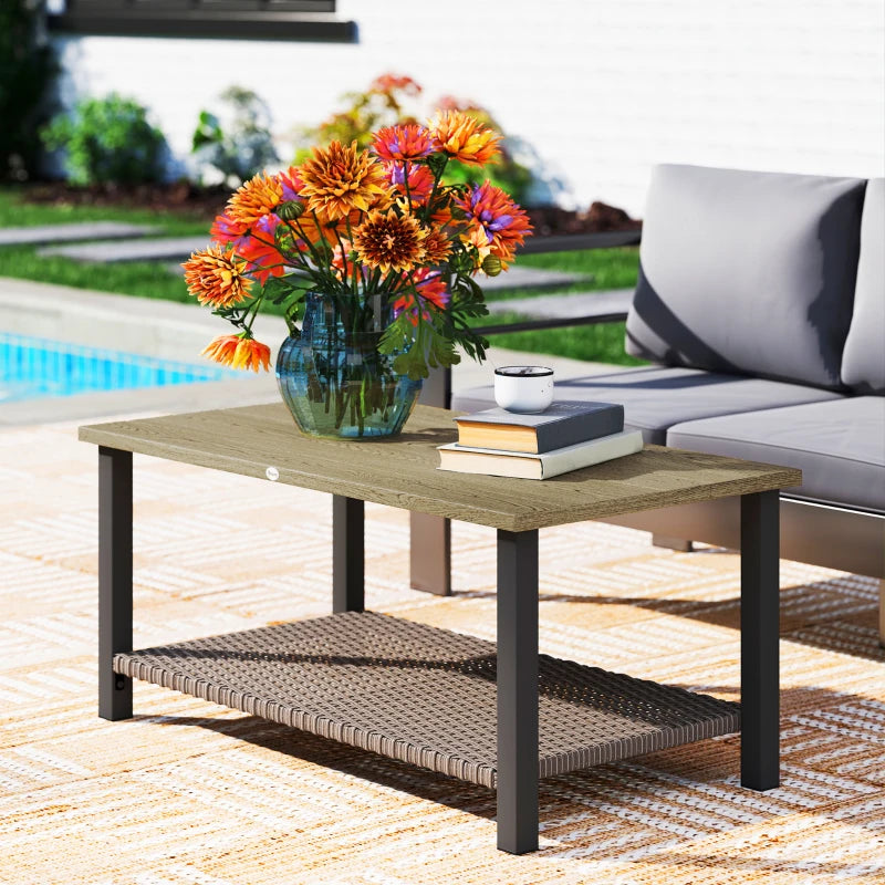 2-Tier Rectangle Outdoor Coffee Table, Patio Table with Wood-Effect Metal Top, Wicker Shelf for Garden, Backyard, Brown