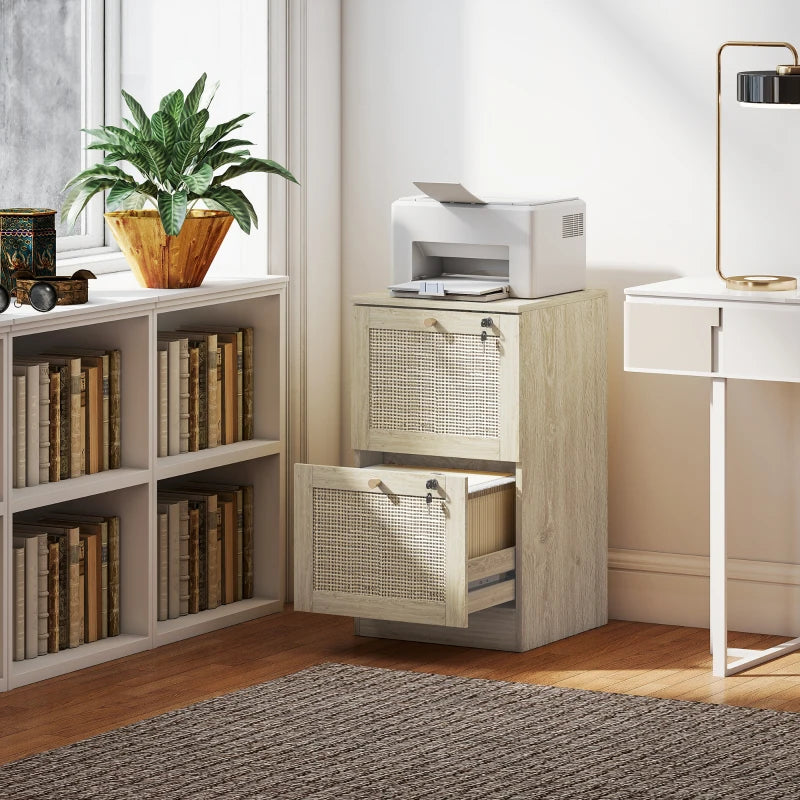 2 Drawer Filing Cabinet with Lock, Boho File Cabinet for A4 Letter Size Files with Decorative Rattan Accents, Oak