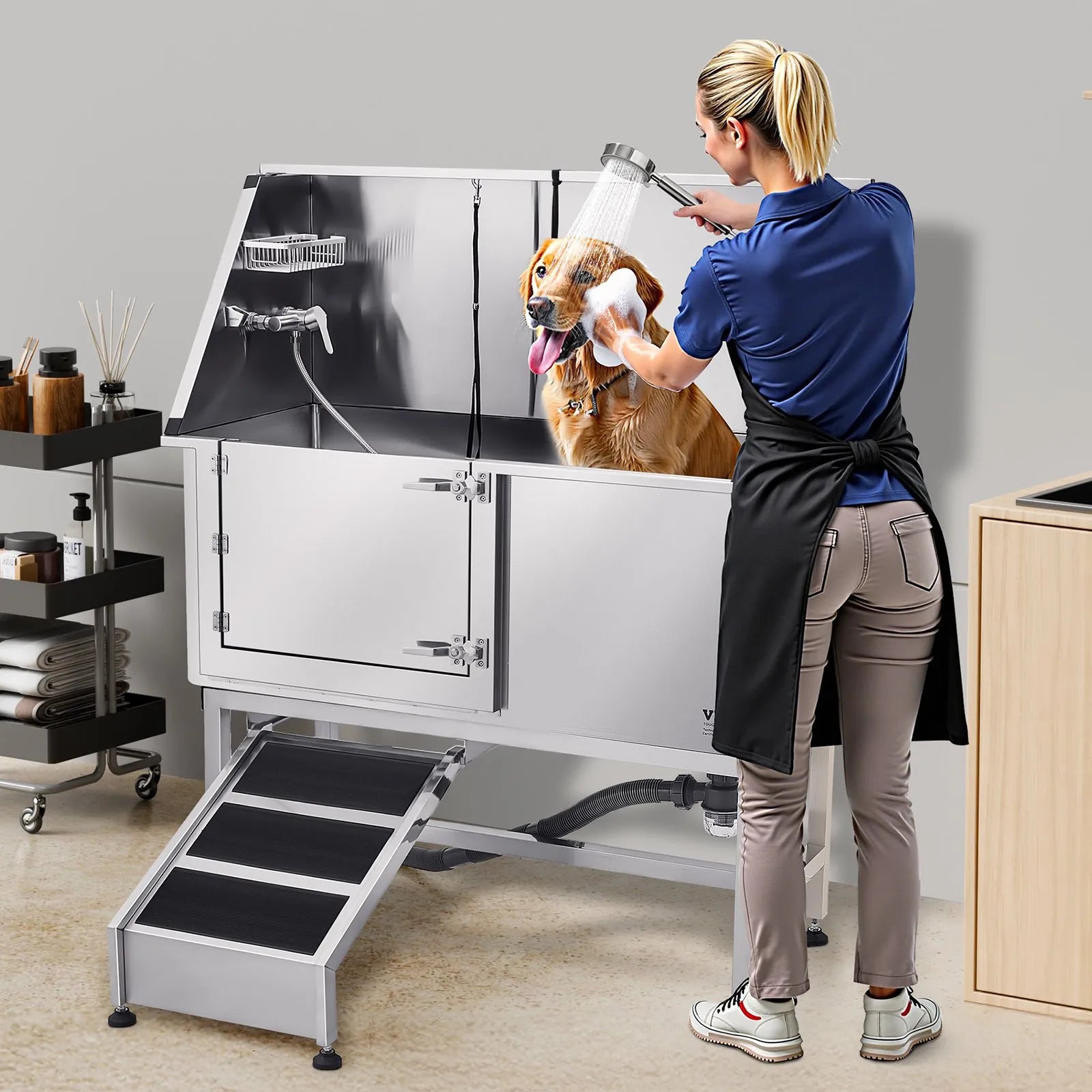 VEVOR 62 Inch Dog Grooming Bath Tub Stainless Steel w Ramp Water Filter Left