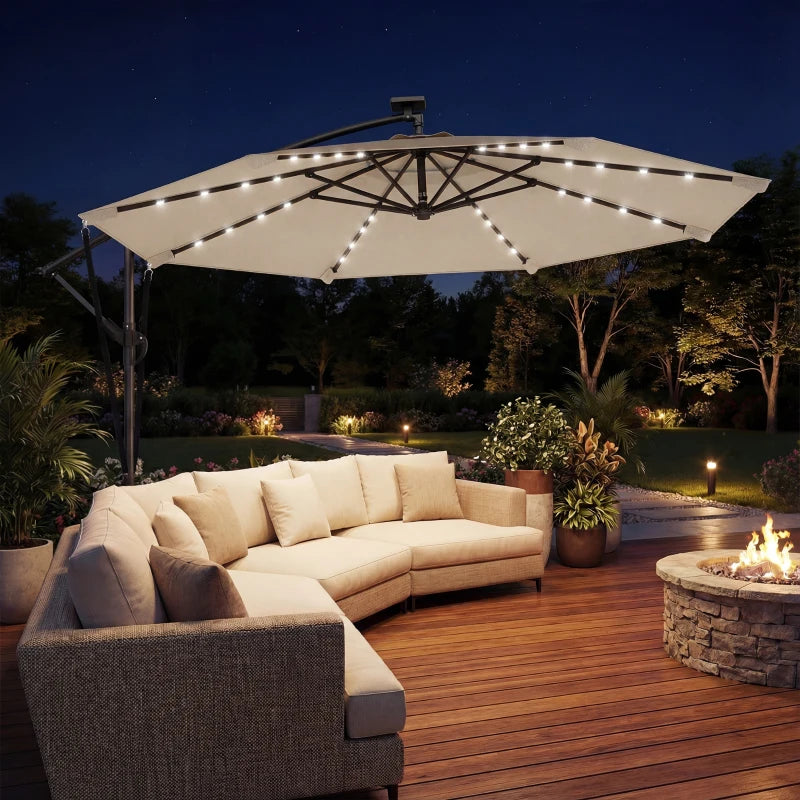 11.3 ft Cantilever Patio Umbrella with Light, Cover, Aluminium UPF50+ Offset Outdoor Umbrella Parasol, Khaki