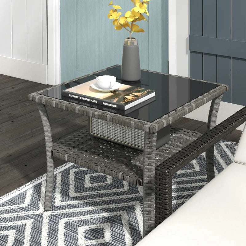 20" Patio Wicker Coffee Table, Outdoor PE Rattan Two-tier Side Table with Glass Top, for Patio, Garden, Balcony, Mixed Grey
