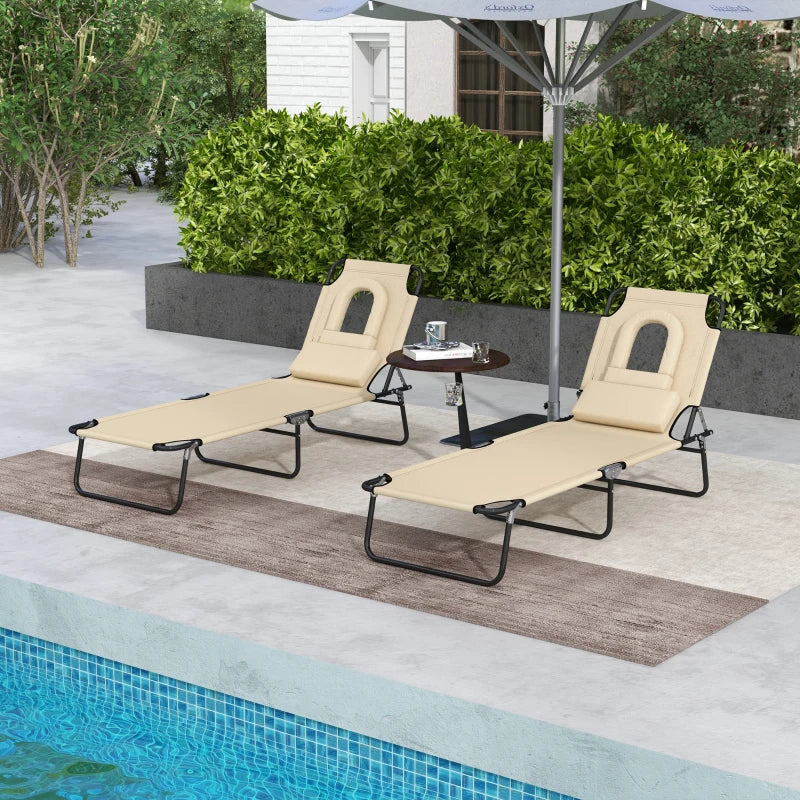 2PCS Adjustable Outdoor Lounge Chair, Garden Folding Chaise Lounge with Face Hole Reclining Tanning Chair Seat, Folding Camping Beach Lounging Bed w/ Head Support, Beige