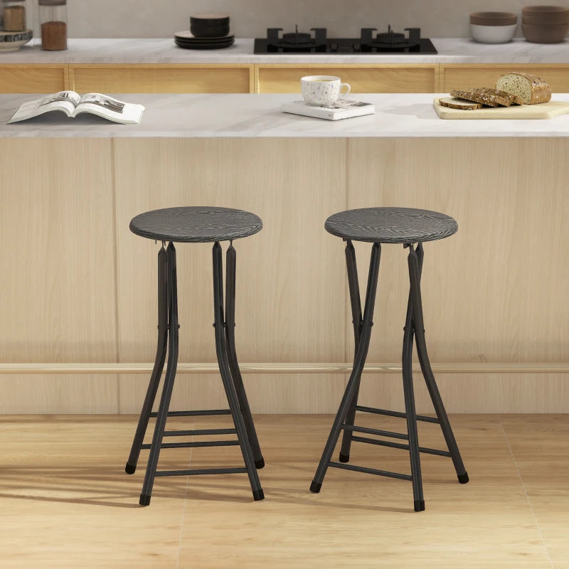 Set of 2 Foldable Barstools, Counter Height Bar Stools with Footrest and Steel Legs for Kitchen Island, Black