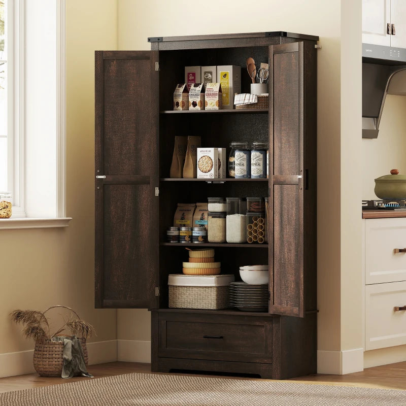 69" Tall Farmhouse Kitchen Pantry Cabinet with 2 Doors, Drawer and Adjustable Shelves, Dark Brown