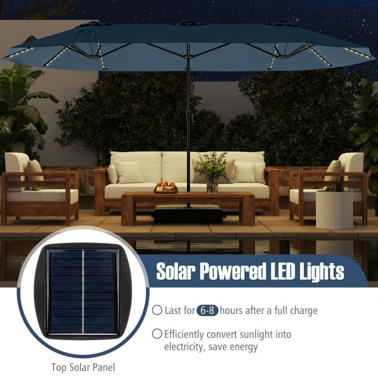 15.5 FT Extra-Large Patio Umbrella with LED Solar Lights and Crank Handle-Navy