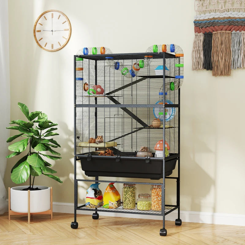 5 Tier Rolling Hamster Cage with 7" Deep Tray, Storage Shelf, Big Exercise Wheel, Tube System, for Syrian, Gerbil, Rat