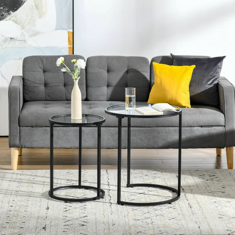 Set of 2 Nesting Coffee Tables with Metal Base, Round Side Table with Tempered Glass Tabletop for Living Room, Bedroom, Black