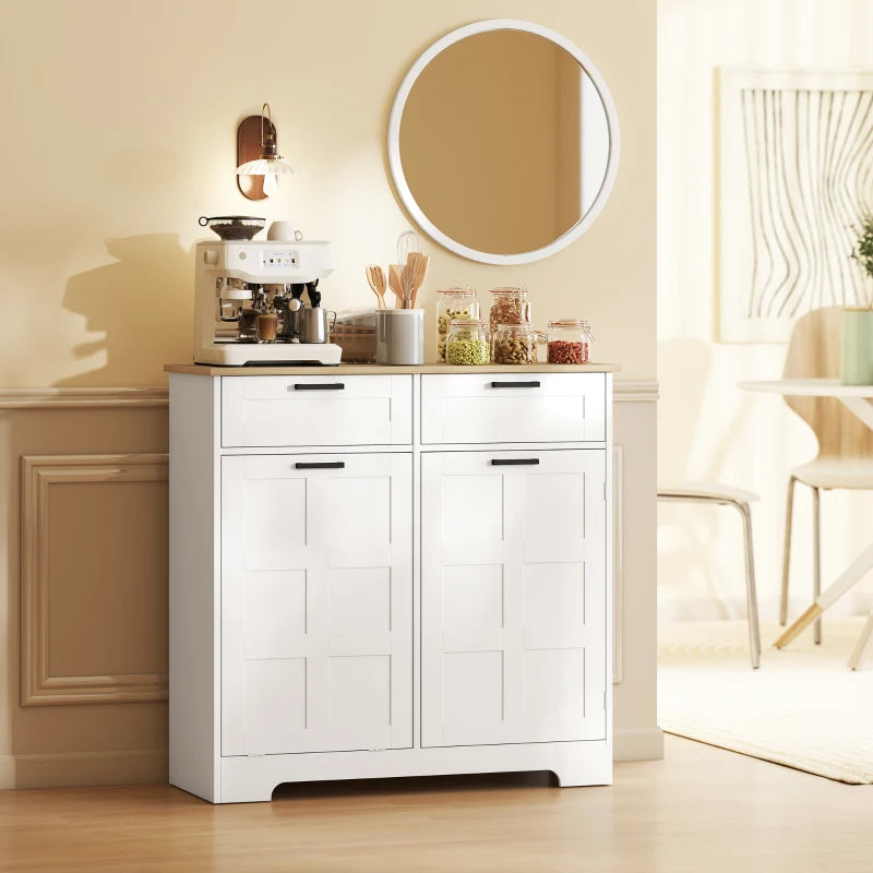 7 Gallon Tilt Out Garbage Cabinet, Kitchen Island with Trash Cabinet, 2 Drawers, Door Racks, Adjustable Shelves, White