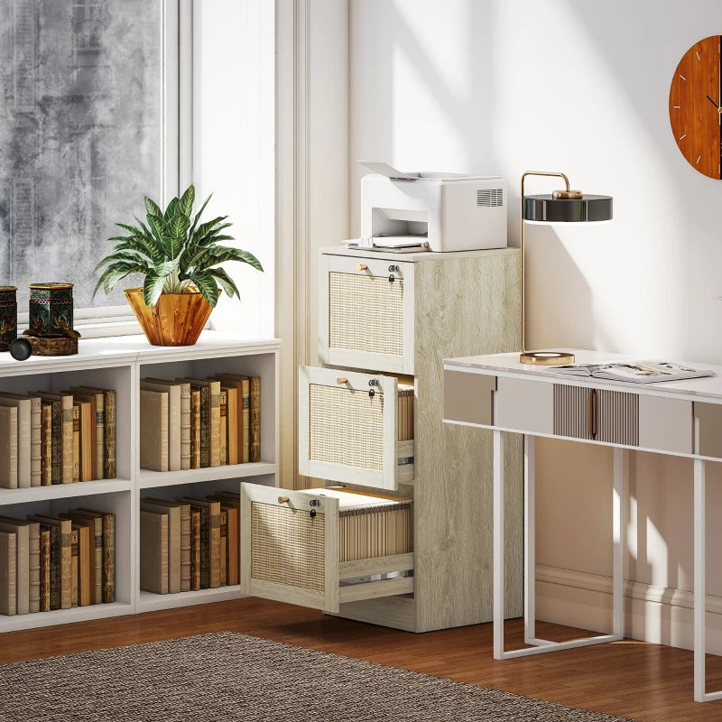 3 Drawer Filing Cabinet with Lock, Boho File Cabinet for A4 Letter Size Files with Decorative Rattan Accents, Oak