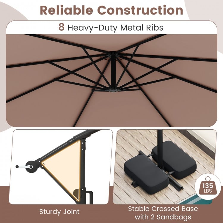 10 Feet Solar Offset Hanging Umbrella with Base and LED Lights-Coffee
