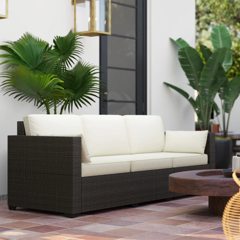 3-Seater Outdoor Sofa with Cushions, PE Rattan Conversation Patio Couch with Pillows for Garden, Poolside, Cream White