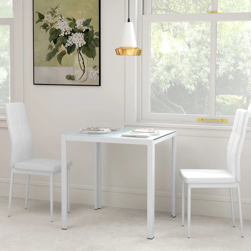 3-Piece Rectangular Glass Kitchen Table and Chairs with Metal Frame and Faux Leather Upholstery for Dining Room, White