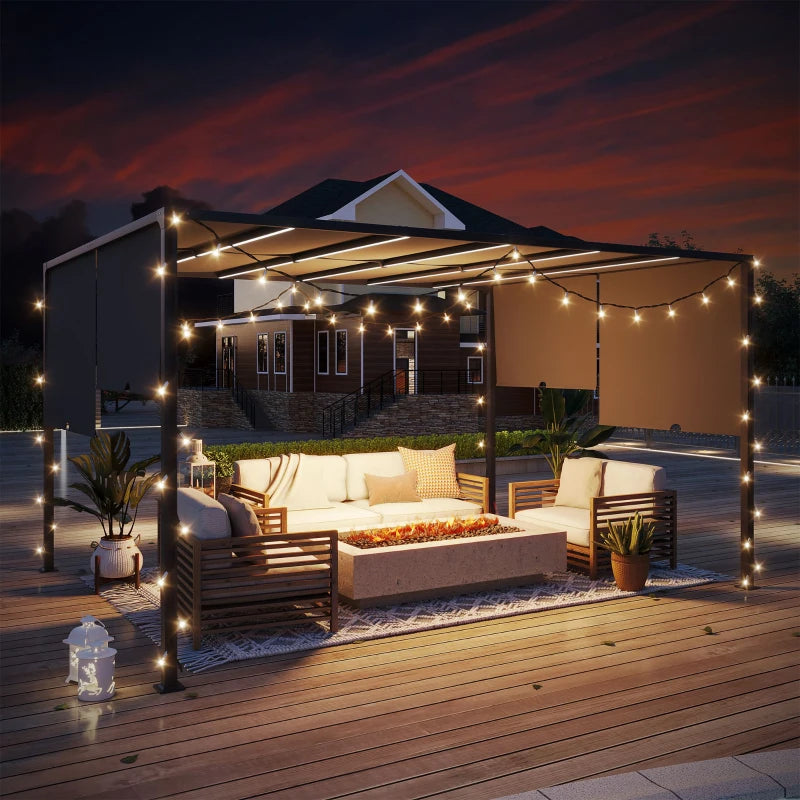 10' x 13' Outdoor Patio Pergola with Sliding Roof, LED Lights, Solar Powered for Garden, Lawn, Backyard, Dark Grey