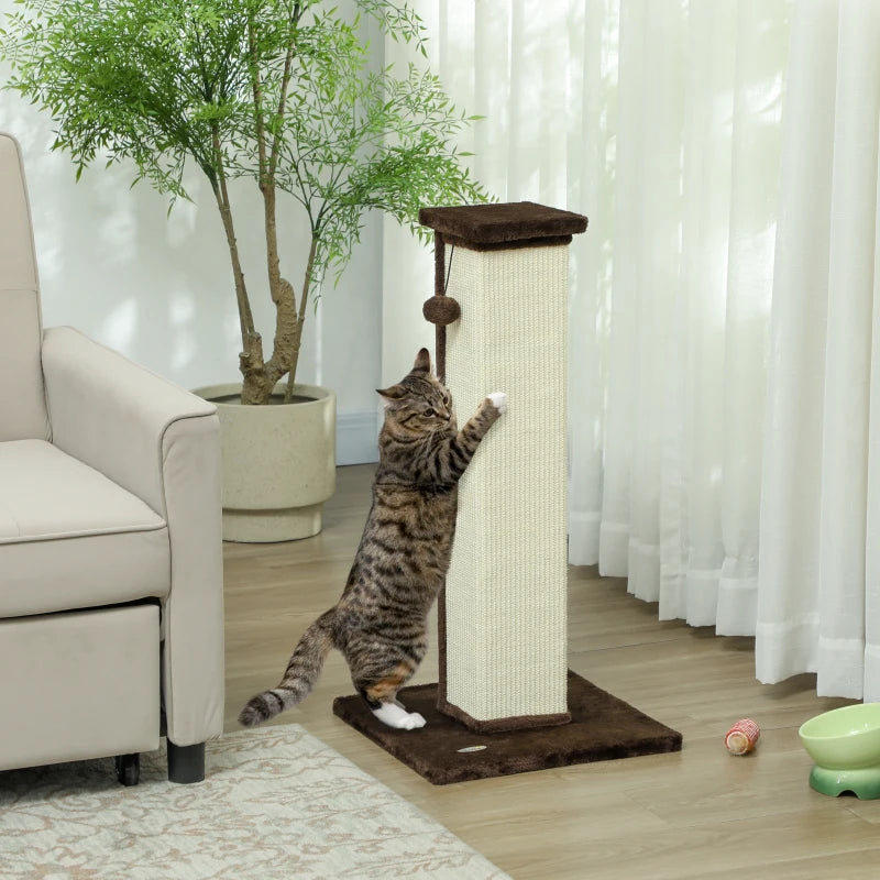 32" Tall Cat Scratching Post for Indoor Cats and Kittens, Sisal Cat Scratcher with Hanging Ball Soft Plush, Brown