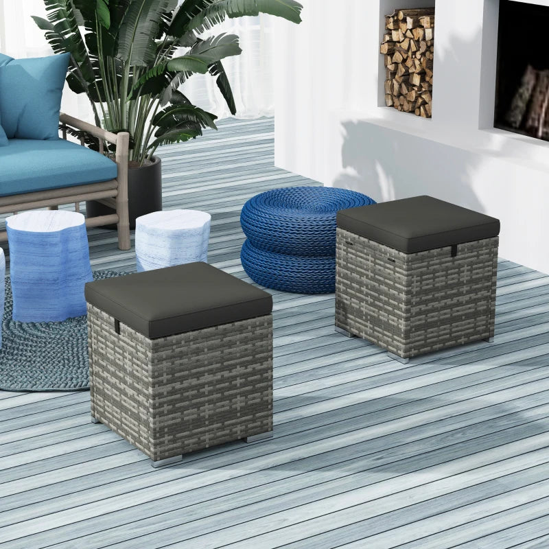 2 Pieces Wicker Outdoor Ottoman with Storage, Cushion, Square Outdoor Footstool, Seating, Side Table, Dark Grey