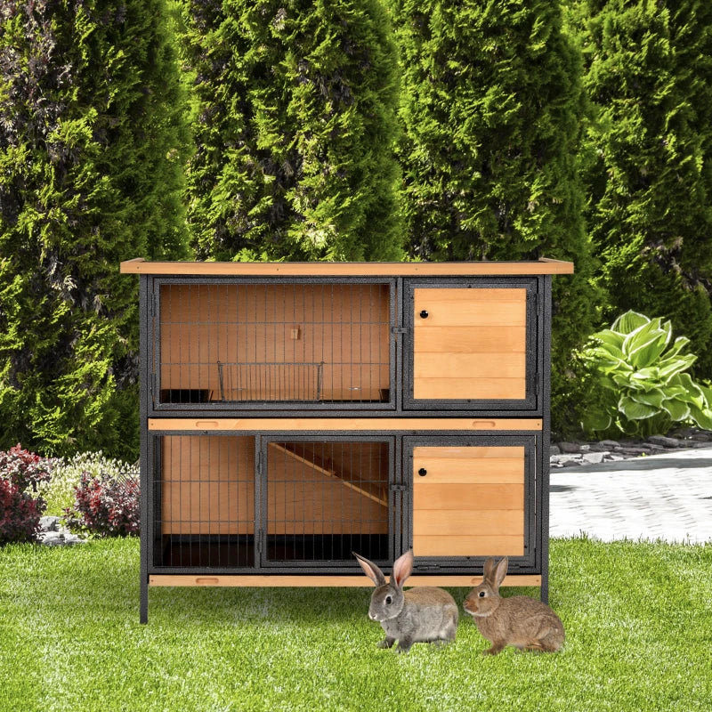48" 2-Floor Large Rabbit Hutch Wooden Pet House Metal Frame Bunny Cage Small Animal Habitat with Ramp Feeding Trough Lockable Doors Run Area Asphalt Roof for Outdoor Use