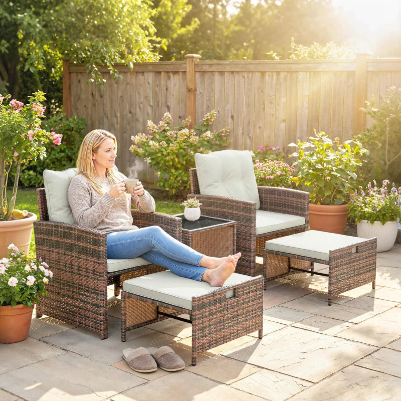 5 Piece Patio Furniture Set, Wicker Patio Chairs with Ottomans, 2-Tier Glass Coffee Table and Cushions, Brown/Cream
