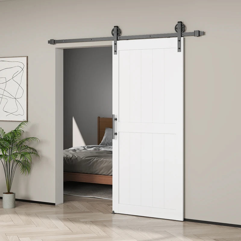 32inx84in Barn Door with 6FT Sliding Door Hardware Kit, Handle, Upgraded Rollers and Floor Guide, Waterproof, White