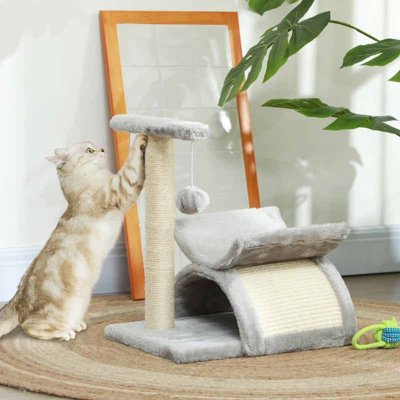 17" Small Cat Tree with Scratching Post, Cat Tower with Rotatable Top Pole, Platform, 2 Dangling Balls, Light Grey