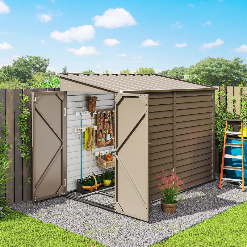 4.6' x 9' Steel Outdoor Storage Shed, Lean to Shed, Metal Tool House with Foundation Kit, Lockable Doors, Gloves and 2 Air Vents for Backyard, Patio, Lawn, Brown