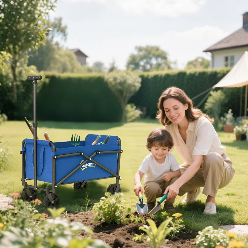 Small Collapsible Folding Garden Cart, Heavy Duty Lawn Wagon with Universal Wheels and Adjustable Handle, Blue