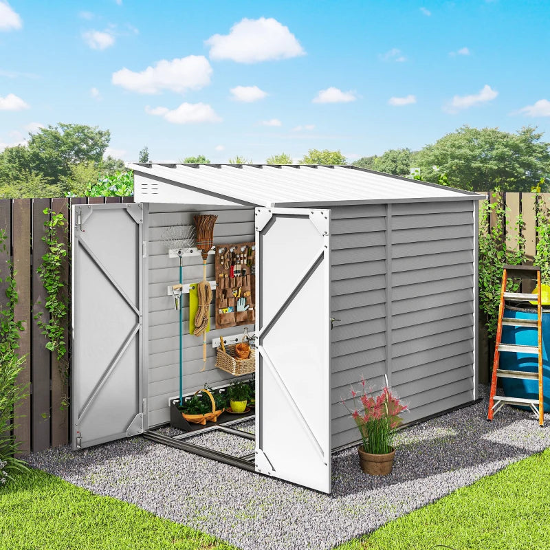 4.6' x 9' Steel Outdoor Storage Shed, Lean to Shed, Metal Tool House with Foundation Kit, Lockable Doors, Gloves and 2 Air Vents for Backyard, Patio, Lawn, White